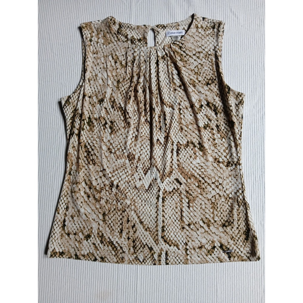 Calvin Klein Sleeveless Pleat Neck Top M Medium Beige Brown Snake Print Knit Tan